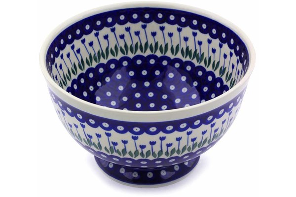 Polish Pottery 10" Bowl with Pedestal Blue Tulip Peacock