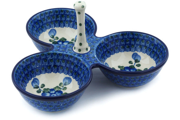 Polish Pottery 10" Condiment Dish Blue Poppies