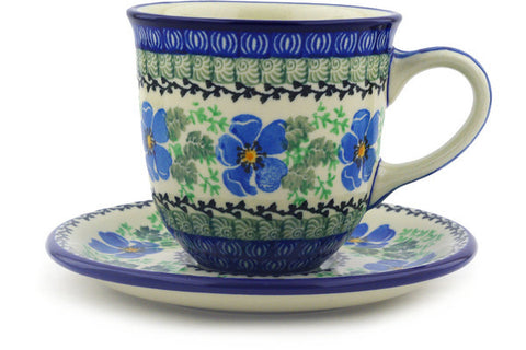 Polish Pottery 10 oz Cup with Saucer Scarlet Pimpernel Flower