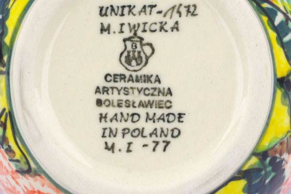 Polish Pottery 16 oz Bowl with Loop Handle Orange Peonies UNIKAT