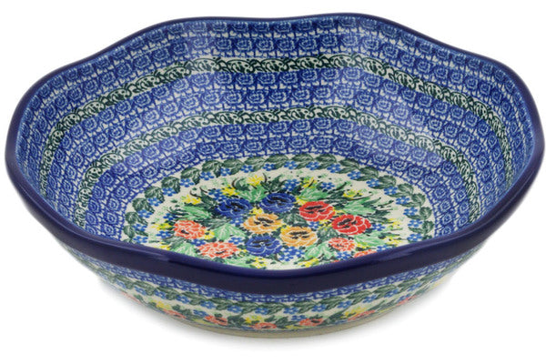 Polish Pottery 10" Scalloped Bowl Pansy Dance UNIKAT