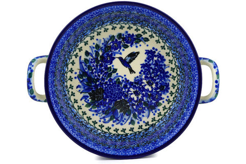 Polish Pottery Medium Round Baker with Handles Hummingbird Blue UNIKAT