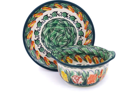 Polish Pottery 13 oz Bouillon Cup with Saucer Yellow Tulips UNIKAT