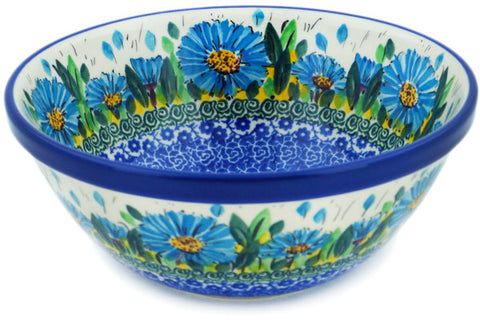 Polish Pottery Cereal Bowl Blue Daisy UNIKAT