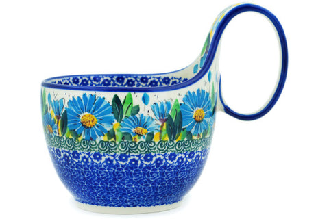Polish Pottery 16 oz Bowl with Loop Handle Blue Daisy UNIKAT