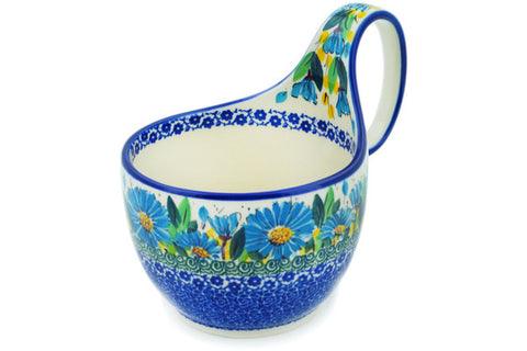 Polish Pottery 16 oz Bowl with Loop Handle Blue Daisy UNIKAT