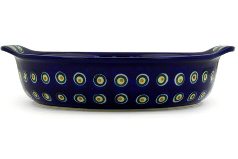 Polish Pottery 10-inch Round Baker with Handles Peacock Leaves
