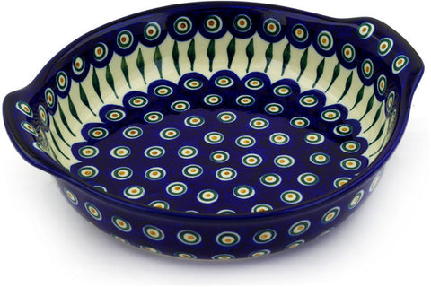 Polish Pottery 10-inch Round Baker with Handles Peacock Leaves