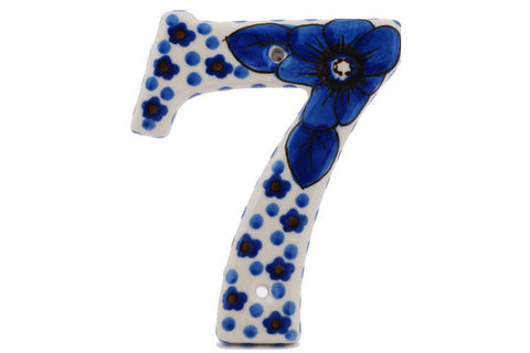 Polish Pottery 4-inch House Number SEVEN (7) Cobalt Poppies UNIKAT