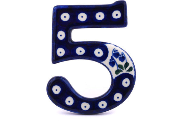 Polish Pottery 4-inch House Number FIVE (Five) Bleeding Heart Peacock