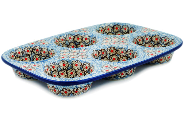 Polish Pottery - Muffin Pan - Blue Life - The Polish Pottery Outlet