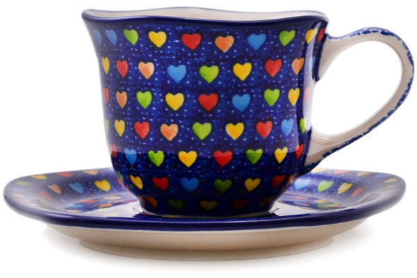 Polish Pottery 8 oz Cup with Saucer Colourful Dot Show UNIKAT
