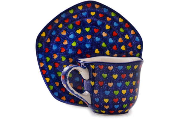 Polish Pottery 8 oz Cup with Saucer Colourful Dot Show UNIKAT