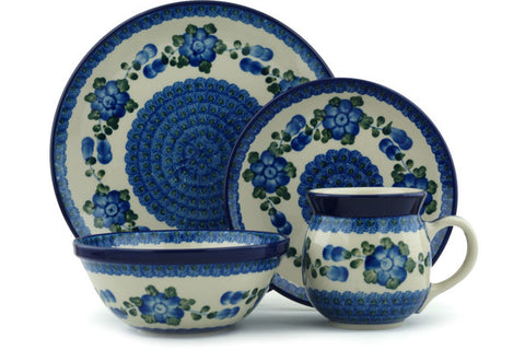 Polish Pottery 4-Piece Place Setting Blue Poppies