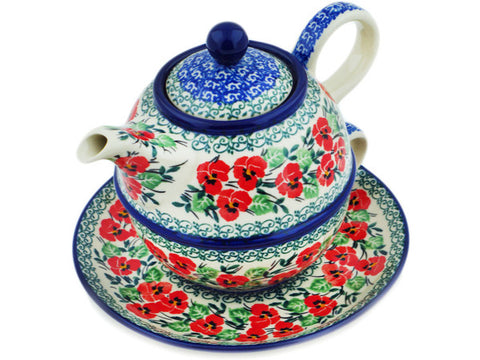 Polish Pottery 22 oz Tea Set for One Red Pansy