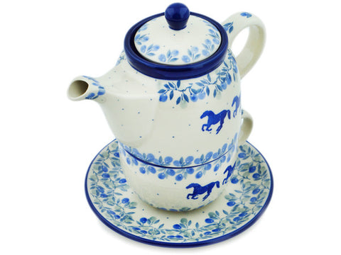 Polish Pottery 17 oz Tea Set for One Horse Gallop