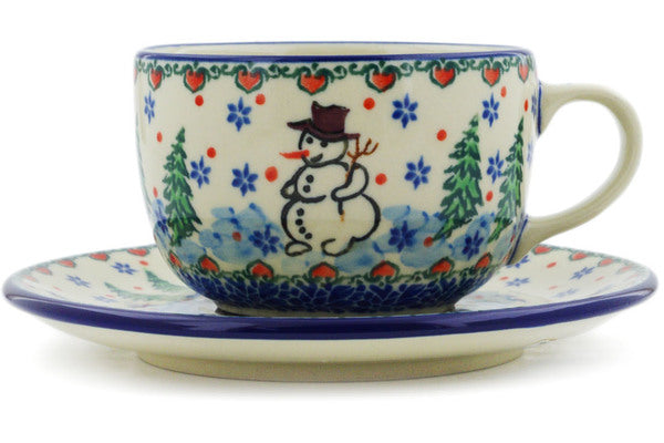 Polish Pottery 9 oz Cup with Saucer Dancing Snowman UNIKAT