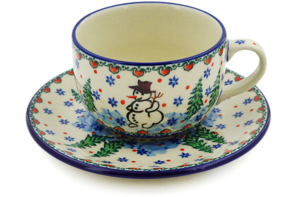 Polish Pottery 9 oz Cup with Saucer Dancing Snowman UNIKAT