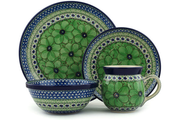 Polish Pottery 4-Piece Place Setting Green Pansies UNIKAT