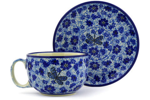 Polish Pottery 13 oz Cup with Saucer Misty Dragonfly