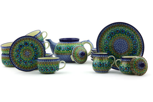 Polish Pottery 40 oz Tea or Coffee Set for Six Mardi Gra UNIKAT