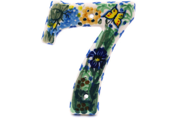 Polish Pottery 4-inch House Number SEVEN (7) Spring Garden UNIKAT