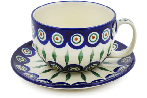 Polish Pottery 13 oz Cup with Saucer Peacock Leaves