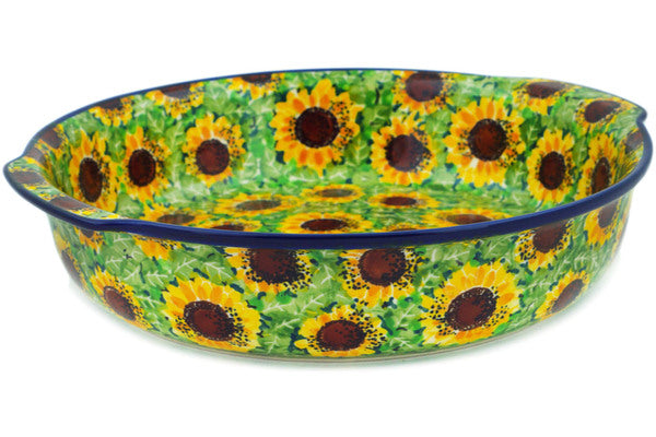Polish Pottery 10¼-inch Round Baker with Handles Sunflower Bliss UNIKAT