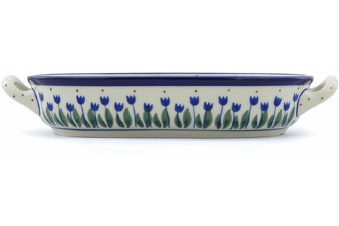 Polish Pottery 8-inch Oval Baker with Handles Water Tulip