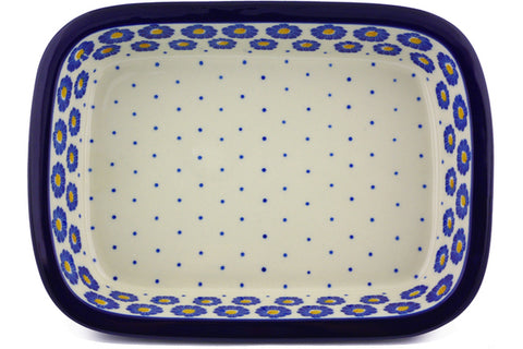 Polish Pottery 10-inch Rectangular Baker with Grip Lip Blue Zinnia