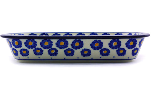 Polish Pottery 10-inch Rectangular Baker with Grip Lip Blue Zinnia