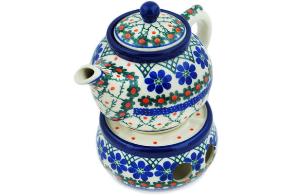 Polish Pottery 15 oz Tea or Coffe Pot with Heater Primrose Trellis