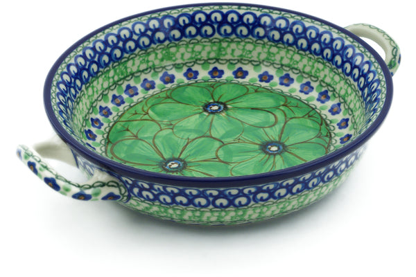 Polish Pottery 6½-inch Round Baker with Handles Green Pansies UNIKAT