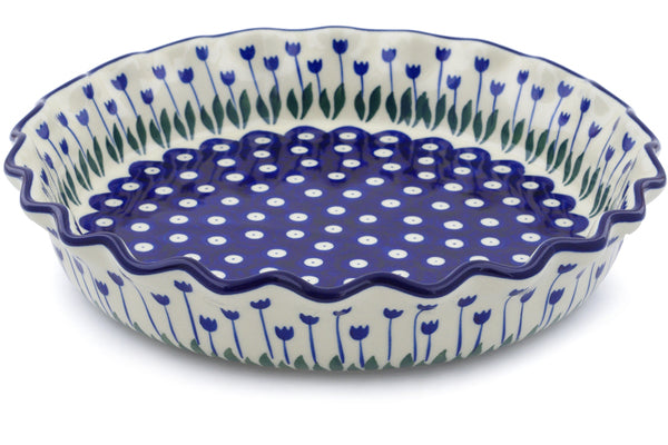 Polish Pottery 10" Fluted Pie Dish Blue Tulip Peacock