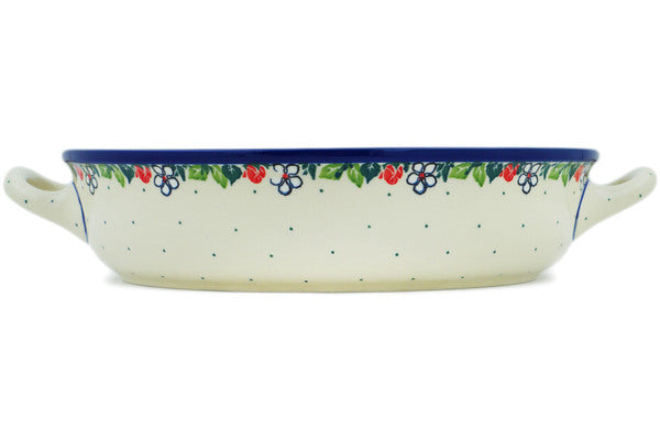 Polish Pottery Medium Round Baker with Handles Spring's Arrival
