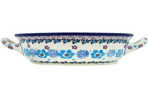 Polish Pottery Medium Round Baker with Handles Blooming Blues