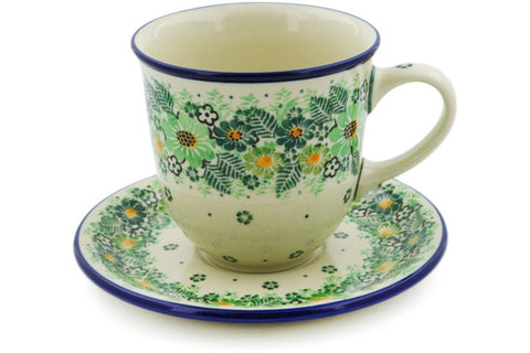 Polish Pottery 10 oz Cup with Saucer Green Wreath UNIKAT