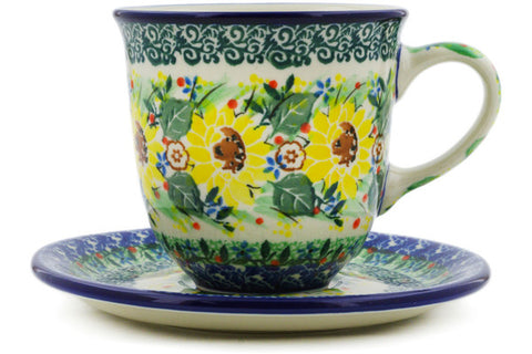 Polish Pottery 10 oz Cup with Saucer Yellow Garden UNIKAT