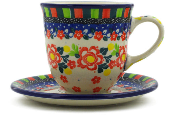 Polish Pottery 10 oz Cup with Saucer Floral Puzzles UNIKAT