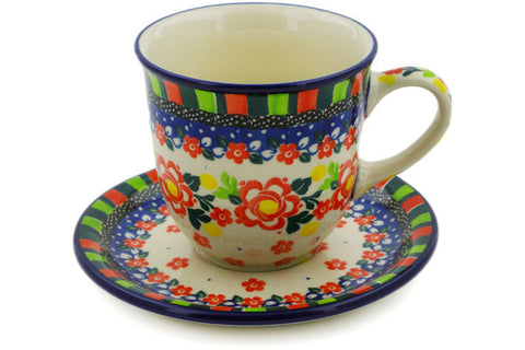 Polish Pottery 10 oz Cup with Saucer Floral Puzzles UNIKAT