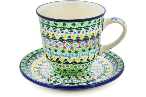 Polish Pottery 10 oz Cup with Saucer Christmas Forest UNIKAT