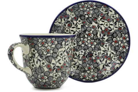 Polish Pottery 10 oz Cup with Saucer Classic Black And White UNIKAT