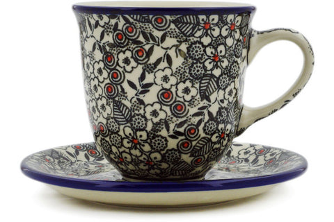 Polish Pottery 10 oz Cup with Saucer Classic Black And White UNIKAT