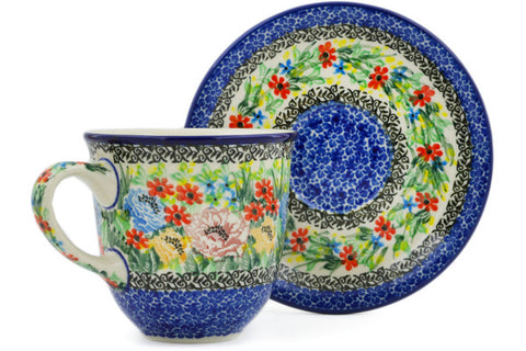 Polish Pottery 10 oz Cup with Saucer Carnation Valley UNIKAT
