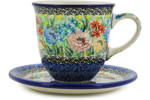Polish Pottery 10 oz Cup with Saucer Carnation Valley UNIKAT