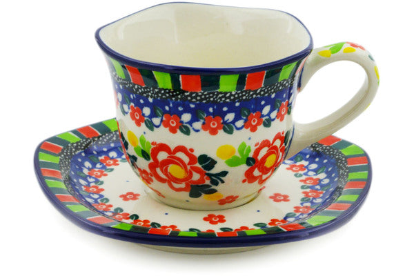 Polish Pottery 8 oz Cup with Saucer Floral Puzzles UNIKAT