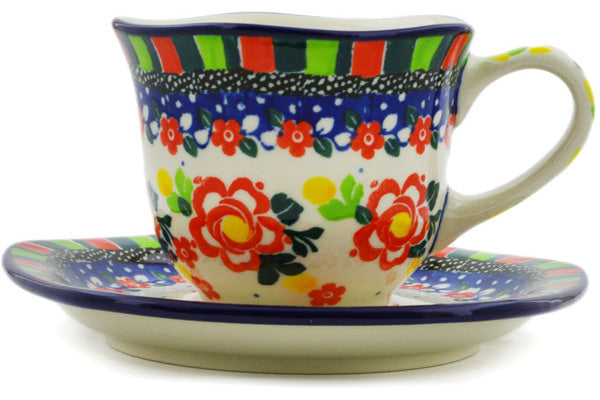 Polish Pottery 8 oz Cup with Saucer Floral Puzzles UNIKAT