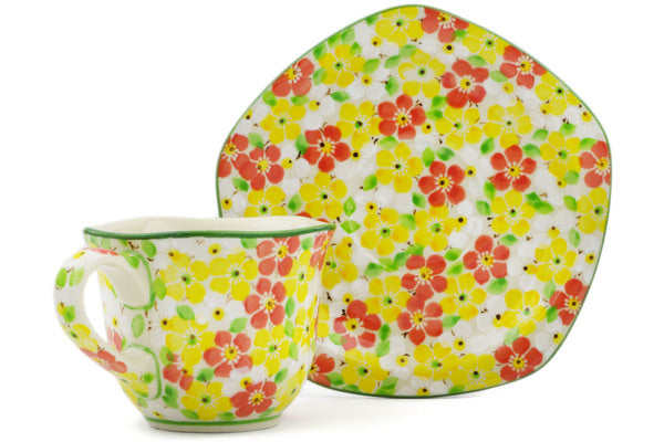 Polish Pottery 8 oz Cup with Saucer Fertile Meadow UNIKAT