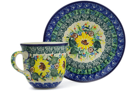 Polish Pottery 7 oz Cup with Saucer Yellow Garden UNIKAT