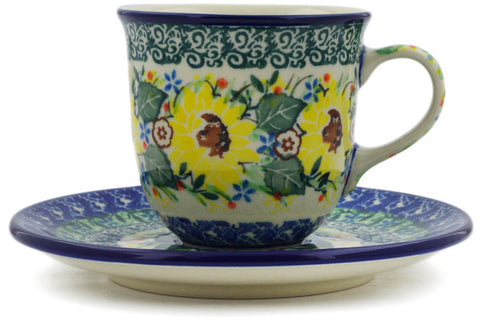 Polish Pottery 7 oz Cup with Saucer Yellow Garden UNIKAT